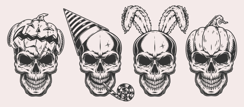Holiday skulls set monochrome emblems
