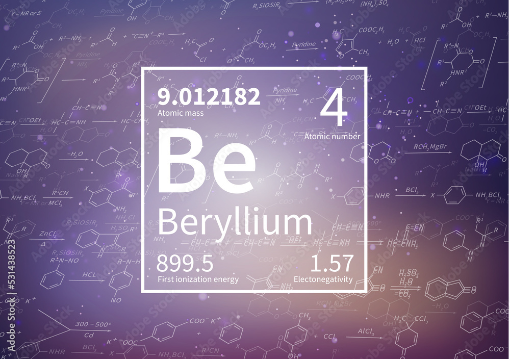 Wall mural Beryllium chemical element with first ionization energy, atomic mass and electronegativity values on scientific background - Wall murals
