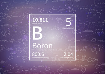 Boron chemical element with first ionization energy, atomic mass and electronegativity on scientific background