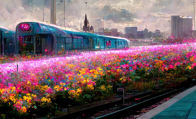 Naklejka premium Spectacular flower garden in the suburbs of a futuristic cyberpunk city with a nearby train track and a futuristic train, neon glow lights. Digital 3D illustration.