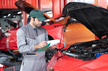 car service, repair, maintenance concept - Arab auto mechanic man or Smith writing to the clipboard at workshop warehouse, technician doing the checklist for repair machine a car in the garage