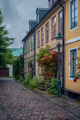 Fototapeta na wymiar Historic facades along cobblestoned street in old town Lund Sweden on rainy summer day