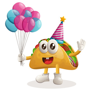 Cute Taco Mascot Wearing A Birthday Hat, Holding Balloons