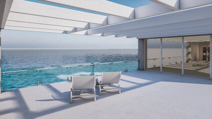 Fototapeta na wymiar Architectural 3D Animation of Modern Minimal House With Sunbathing Bed And Sea View 