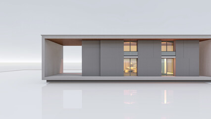 Architectural 3D rendering illustration of modern minimal house on white background and light gloss on ground