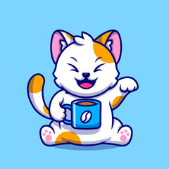 Cute Cat With Coffee Cup Cartoon Vector Icon Illustration. 
Animal Drink Icon Concept Isolated Premium Vector. Flat 
Cartoon Style