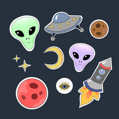 Groovy ufo sticker collection. Set of elements in the theme of space and aliens. Vector illustration.