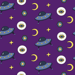 Groovy ufo pattern. Bright cartoon pattern 70s. Secrets of the Universe. Mysterious 90s. Vector illustration.