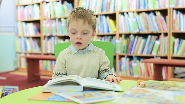 A little boy in the library is leafing through a children's picture book with interest. A small child is drawn to knowledge. Selective focus