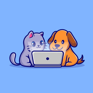 Cute Dog And Cute Cat Watching Together On Laptop Cartoon Vector Icon Illustration. Animal Technology Icon Concept Isolated Premium Vector. Flat Cartoon Style