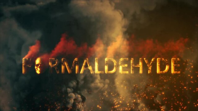Text formaldehyde with skull burning on dark smoke bg - loop video