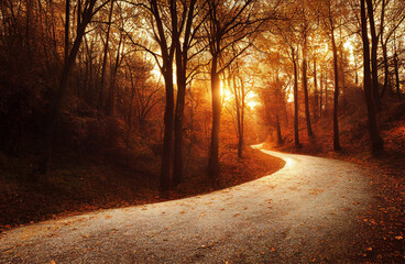 curvy road in colorful autumn forest in sunset light digital illustration