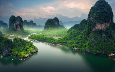 Fototapeta na wymiar south east Asia landscape with river and limestone rocks digital illustration