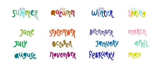 Collection of minimalist vector lettering. Inscription with the names of summer, autumn, spring and winter months. Hand written months titles for print, postcards, brochures, poster, calendar, planner