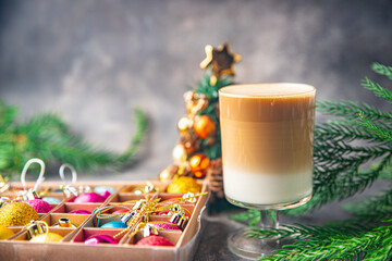 christmas drink cappuccino hot coffee New Year sweet dessert home holiday atmosphere meal food snack on the table copy space food background 