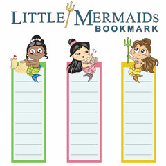 Vector set of bookmarks for children with cute Mermaids theme. Vertical layout cards templates. Colorful and cute stationery for kids.