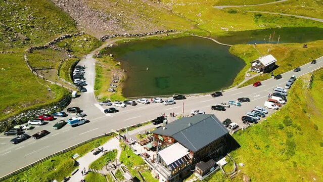 Fuscher Lacke aerial view, Grossglockner alpenstrasse in Austria. Drone viewpoint in summer season