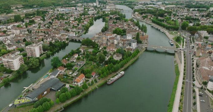 Aerial view of Sens is an ancient city in the French department of Yonne, in Burgundy, on the right bank of the Yonne River.