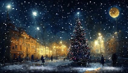 Christmas tree city decoration ,Winter Starry night and yellow moon  on sky , snowy town  
 illumination blurred street light, buidings silhouette abstract banner 