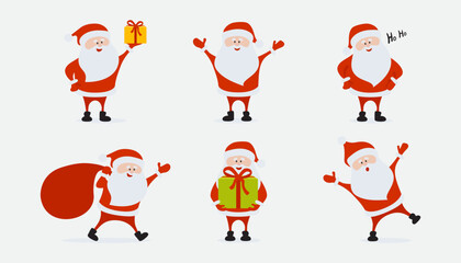 Collection of Christmas Santa Claus. Funny happy Santa Claus character with gift, bag with presents, waving and greeting.