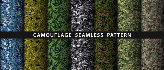 Set camouflage military seamless pattern. Vector soldier uniform fabrix texture.