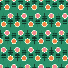 Happy Geometric Retro Flowers - GREEN pink white