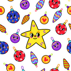 Square vector seamless christmas pattern with funny cartoon characters - christmas decorations. 1970 good vibes cartoon style. Vibrant winter decorative pattern 
