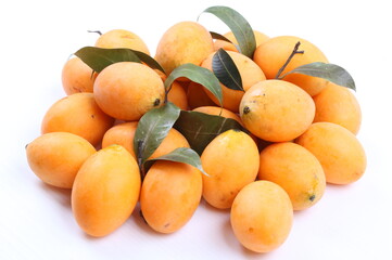 Closeup sweet Marian plum thai fruit isolated on white background (Mayongchid Maprang Marian Plum and Plum Mango,Thailand)
