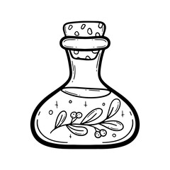 Vector doodle bottle of magic potion. Witchcraft glass bottle. Alchemy elixir in glass flask. Hand drawn illustration of witch poison with leaves, berries