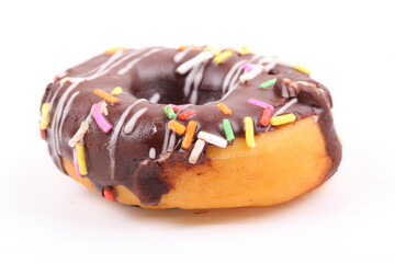 Chocolate sweet mini donuts on white background