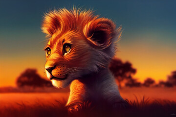 Baby lion for kids illustration in savane sunset orange and colorful atmosphere