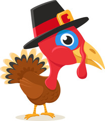 Turkey in a hat looks close up on a white background. Thanksgiving Day