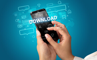 Hand using smartphone with social media concept