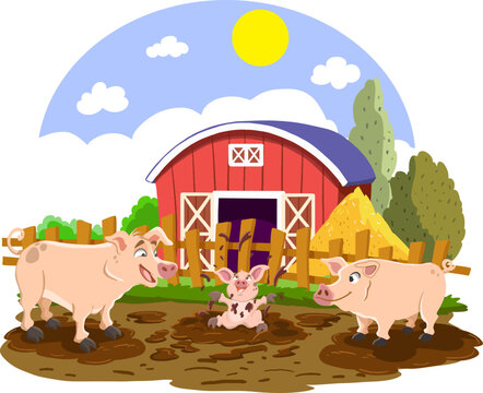 cute pig family on the farm