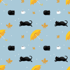 autumn umbrella pattern with cat and coffee