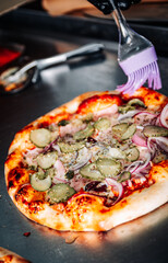 chef baker making pizza at kitchen. The process of making pizza. cooking italian pizza