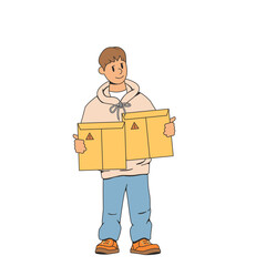 Young man,deliverer.Holds an envelope,package in his hand.Smiling and showing thumbs up.The concept of fast delivery of parcels to the house.Modern stock vector illustration of delivery of the order.