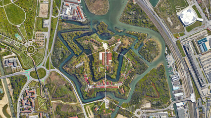 Forte Marghera, star shaped castle and water canal looking down aerial view from above – Bird’s...