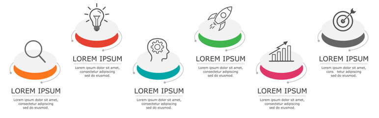 Business infographic Vector with 6 steps. Used for presentation,information,education,connection,marketing, project,strategy,technology,learn,brainstorm,creative,growth,abstract,stairs,idea,text,work.