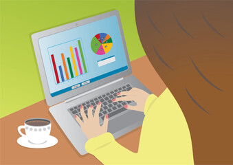 Woman at laptop analyzing data, economy and finance. Vector illustration.