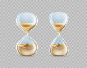 Realistic sand watch. Hourglass shapes. clock. Transparent glass and grains falling flow. 3D sandglass. Hour countdown on sandclock. Time measure instrument. Vector retro chronometers set