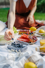 Obraz na płótnie Canvas woman eat fruits and berry on picnic outdoors