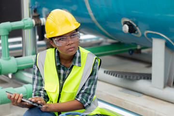 Young woman engineer examining pipeline and looking digital tablet with professional in the...