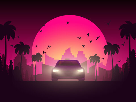 Poster with car. Sunset at the California. Palms, pine trees and City Landscape. Vector illustration in pink colors
