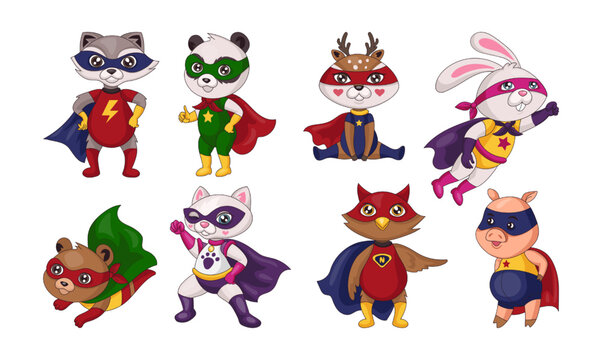 Cute animal hero. Heroic character. Baby superhero stickers set. Cat and raccoon in masks. Colorful costumes. Adorable rabbit. Kitty girl flying in cape. Vector cartoon illustration