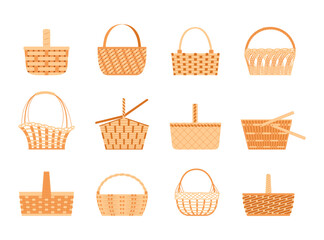 Wicker basket, easter straw hamper. Picnic pannier box with handles, empty container for food storage, natural shopper, wickerwork camping bags. Vector isolated objects with texture