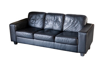 Simple black leather couch isolated on white, object cut out. Plain worn cushion sofa on white...
