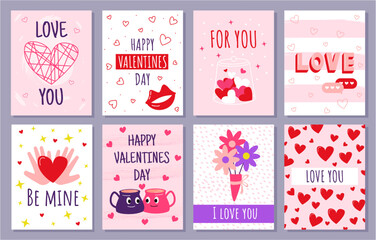 Fototapeta na wymiar Valentine day gift card, romantic shopping and gift tags. Happy love invitation and greeting, pink or red hearts, cute flower bouquet, party poster, label and emblem. Vector design background