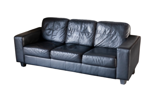 Simple black leather couch isolated on white, object cut out. Plain worn cushion sofa on white background. Furniture model, stylish modern interior room business office design piece, graphical assets