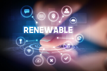 Finger touching tablet with web technology icons concept